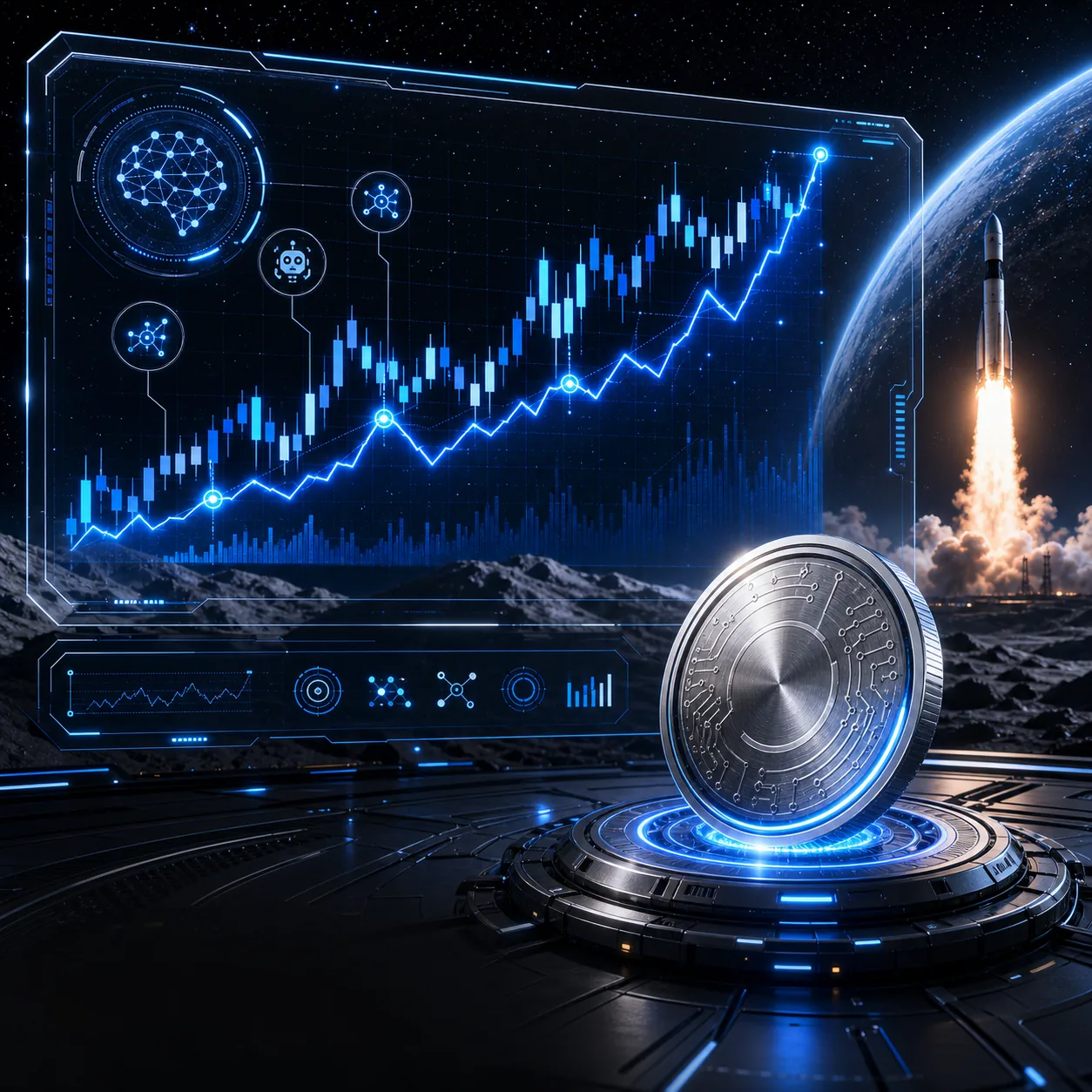 Grokvortex Autotrade AI holographic performance chart with rocket launch