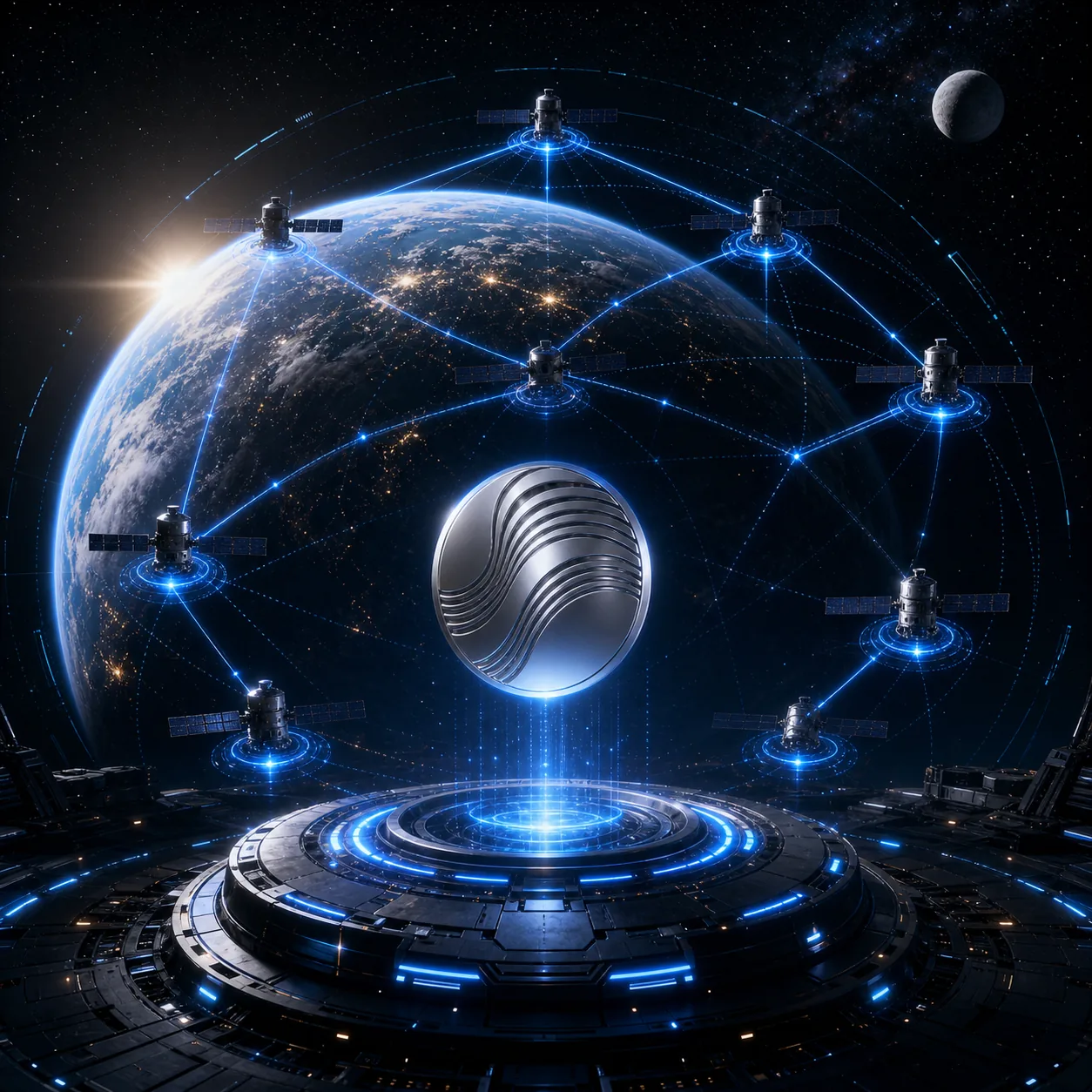 Grokvortex satellite network around Earth representing multi-chain settlement